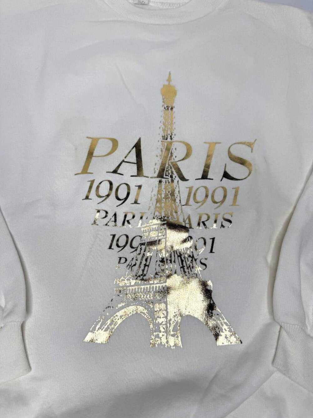 Paris Eiffel Tower Graphic Sweatshirt 1991 White Gold Unisex Crewneck Pullover L - Picture 2 of 6